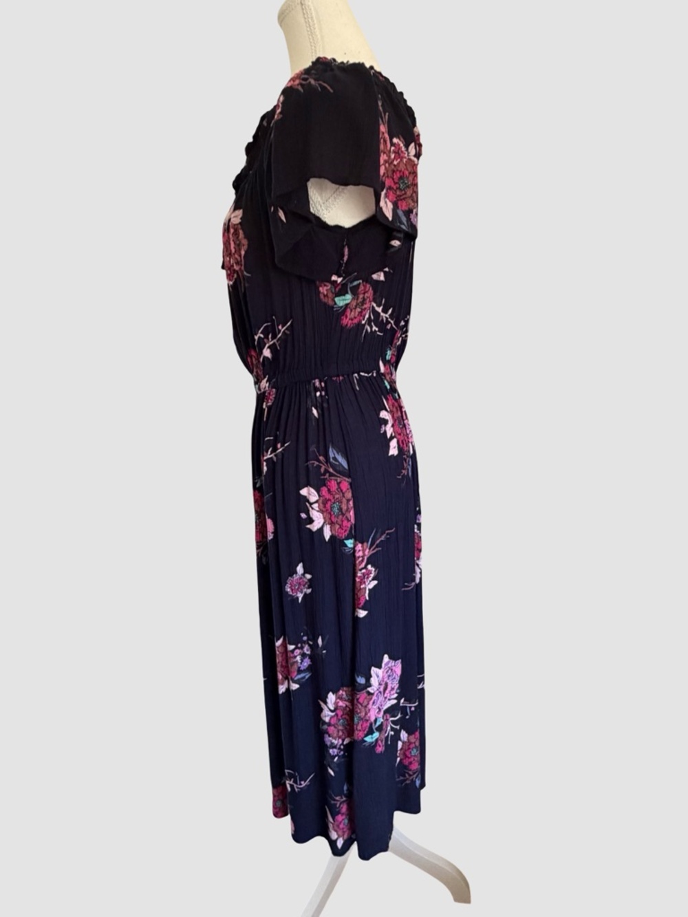 Patrons of Peace Dark Blue Floral Ruffled Sleeve Feminine Casual Midi Dress-Sz-L - Picture 3 of 16